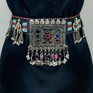 Vintage Kuchi Belt, Tribal Multicolor Beads Belly Belt With Big Pendant